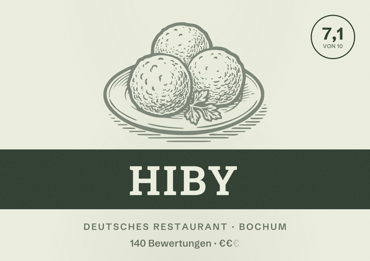 Illustriertes Poster von Hiby, Deutsches Restaurant in Bochum: Gästebewertung 7,1 von 10 aus 140 Bewertungen