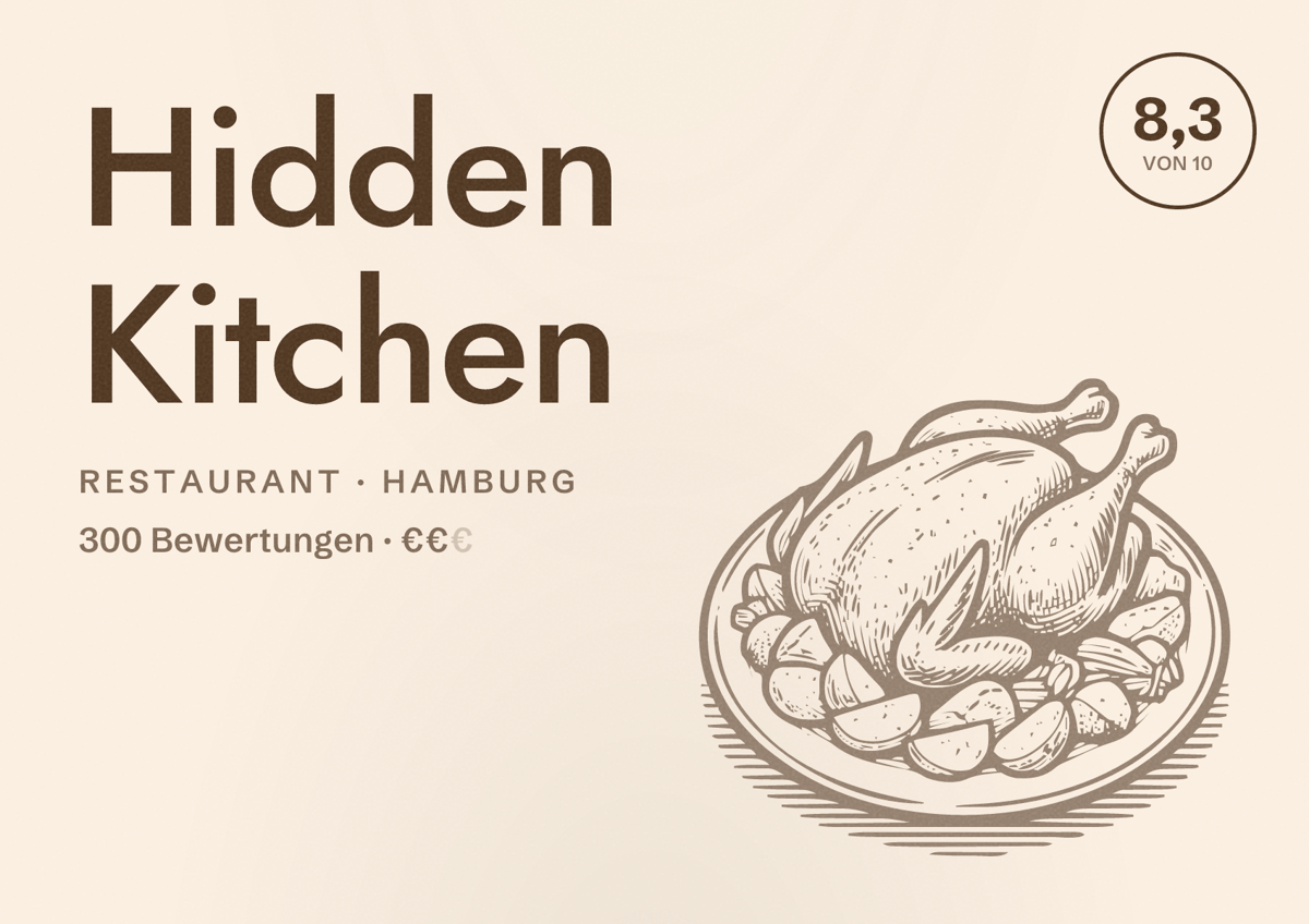 Illustriertes Poster von Hidden Kitchen, Restaurant in Hamburg: Bewertung 8,3 von 10 aus 300 Bewertungen, Preisniveau €€