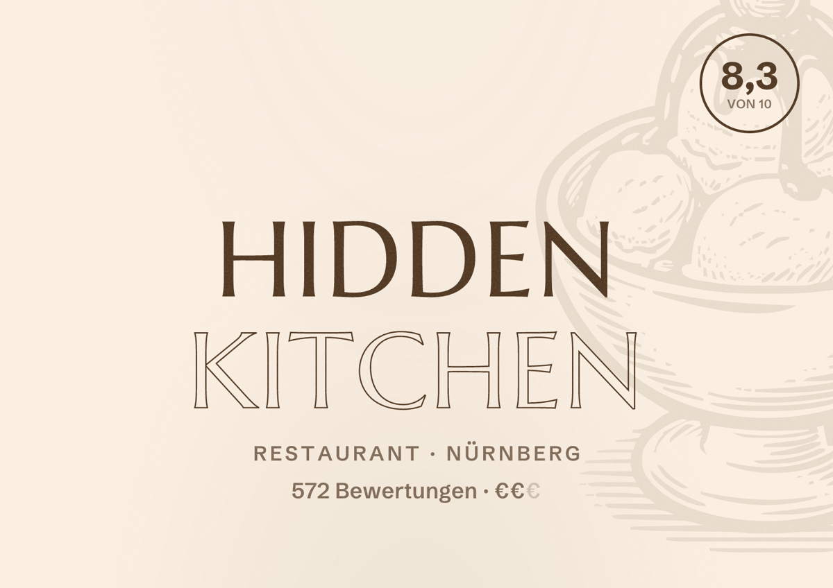 Illustriertes Poster von Hidden Kitchen, Restaurant in Nürnberg: Bewertung 8,3 von 10 aus 572 Bewertungen, Preisniveau €€