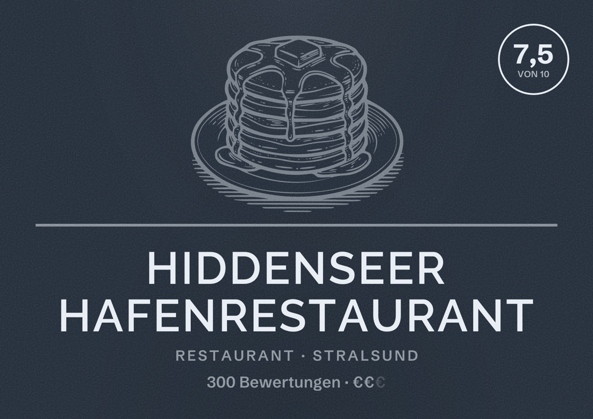 Illustriertes Poster von Hiddenseer Hafenrestaurant, Restaurant in Stralsund: Bewertung 7,5 von 10 aus 300 Bewertungen, Preisniveau €€