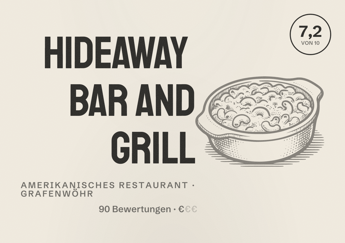 Illustriertes Poster von Hideaway Bar and Grill, Amerikanisches Restaurant in Grafenwöhr: Bewertung 7,2 von 10 aus 90 Bewertungen, Preisniveau €