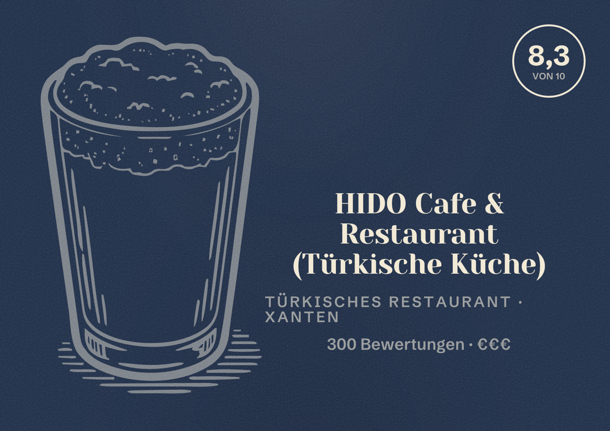 Illustriertes Poster von HIDO Cafe & Restaurant (Türkische Küche), Türkisches Restaurant in Xanten: Bewertung 8,3 von 10 aus 300 Bewertungen, Preisniveau €€€