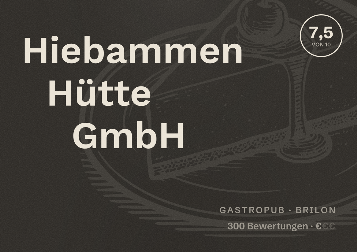 Illustriertes Poster von Hiebammen Hütte GmbH, Gastropub in Brilon: Bewertung 7,5 von 10 aus 300 Bewertungen, Preisniveau €