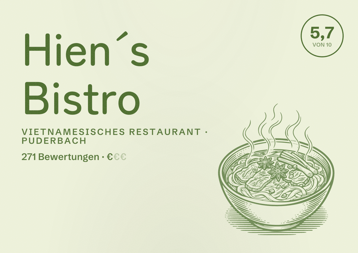 Illustriertes Poster von Hien´s Bistro, Vietnamesisches Restaurant in Puderbach: Bewertung 5,7 von 10 aus 271 Bewertungen, Preisniveau €