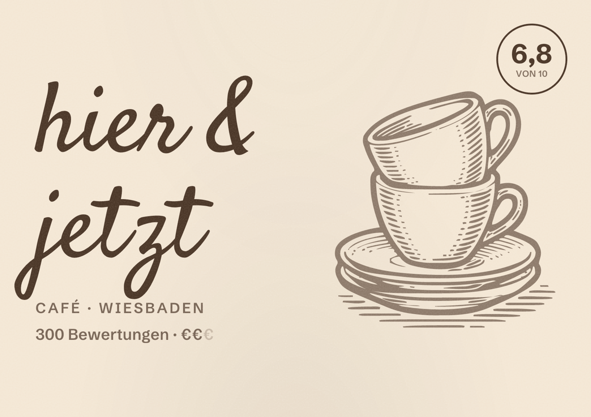 Illustriertes Poster von hier & jetzt, Café in Wiesbaden: Bewertung 6,8 von 10 aus 300 Bewertungen, Preisniveau €€