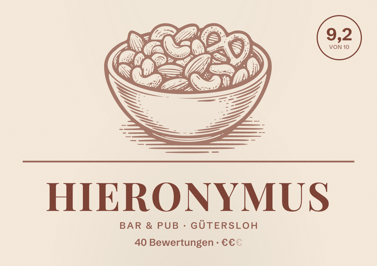 Illustriertes Poster von Hieronymus, Bar & Pub in Gütersloh: Bewertung 9,2 von 10 aus 40 Bewertungen, Preisniveau €€