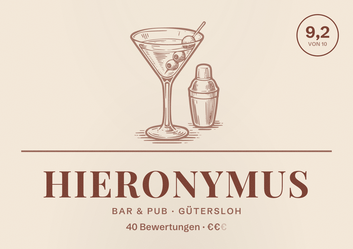 Illustriertes Poster von Hieronymus, Bar & Pub in Gütersloh: Bewertung 9,2 von 10 aus 40 Bewertungen, Preisniveau €€
