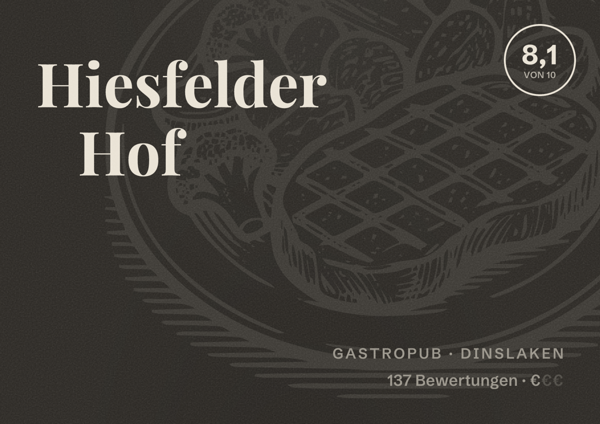Illustriertes Poster von Hiesfelder Hof, Gastropub in Dinslaken: Bewertung 8,1 von 10 aus 137 Bewertungen, Preisniveau €