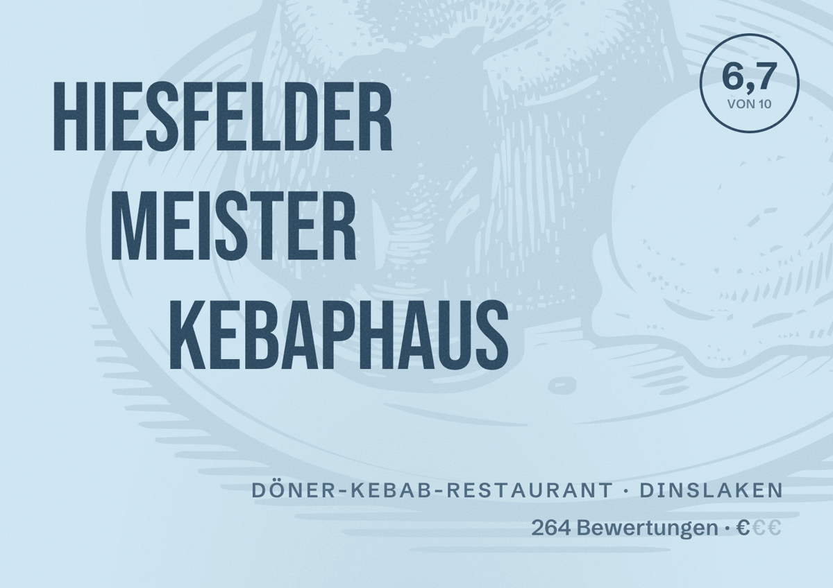 Illustriertes Poster von Hiesfelder Meister Kebaphaus, Döner-Kebab-Restaurant in Dinslaken: Bewertung 6,7 von 10 aus 264 Bewertungen, Preisniveau €