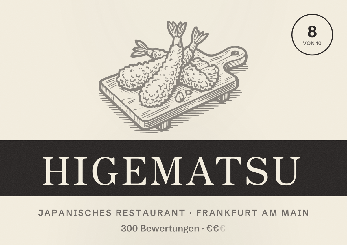Illustriertes Poster von Higematsu, Japanisches Restaurant in Frankfurt am Main: Bewertung 8,0 von 10 aus 300 Bewertungen, Preisniveau €€