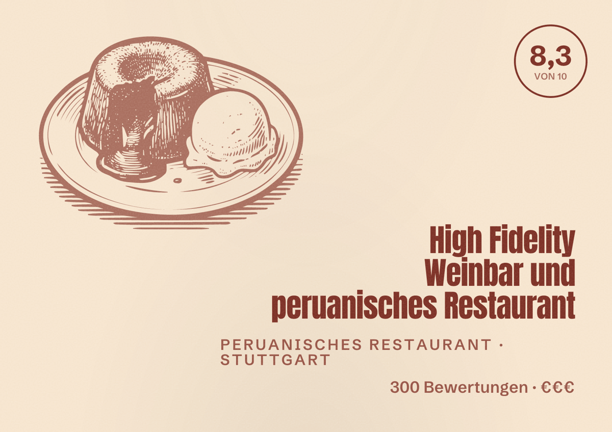Illustriertes Poster von High Fidelity Weinbar und peruanisches Restaurant, Peruanisches Restaurant in Stuttgart: Bewertung 8,3 von 10 aus 300 Bewertungen, Preisniveau €€€