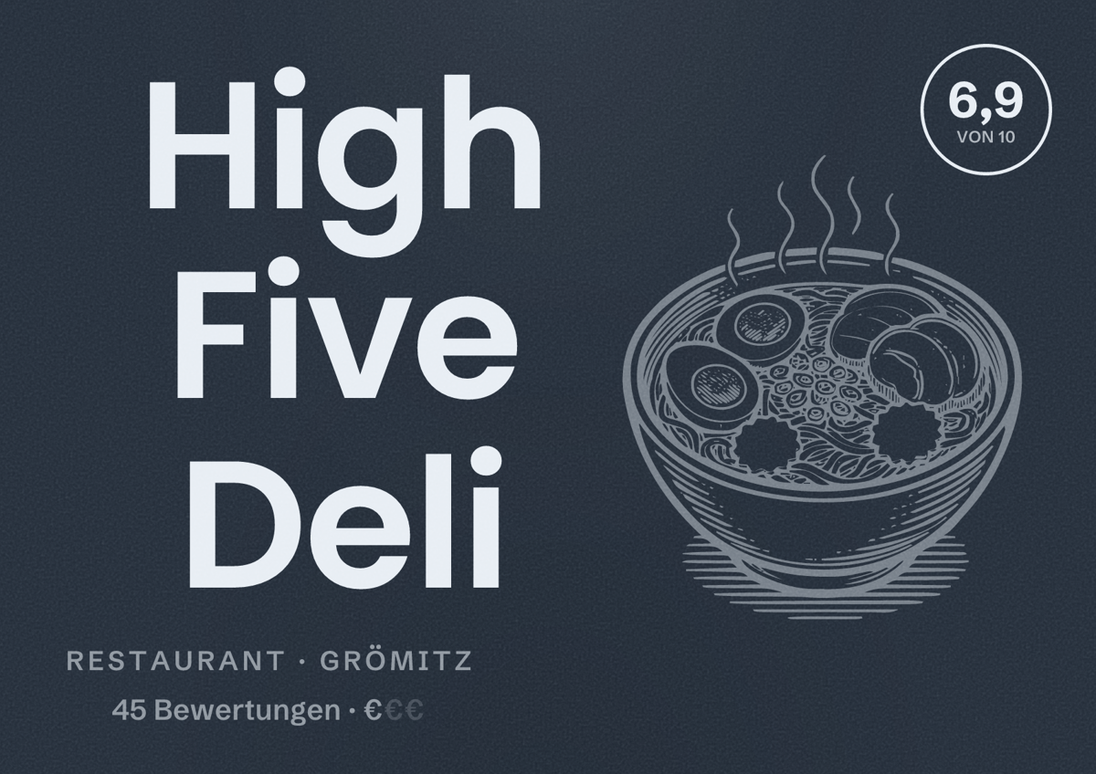 Illustriertes Poster von High Five Deli, Restaurant in Grömitz: Bewertung 6,9 von 10 aus 45 Bewertungen, Preisniveau €
