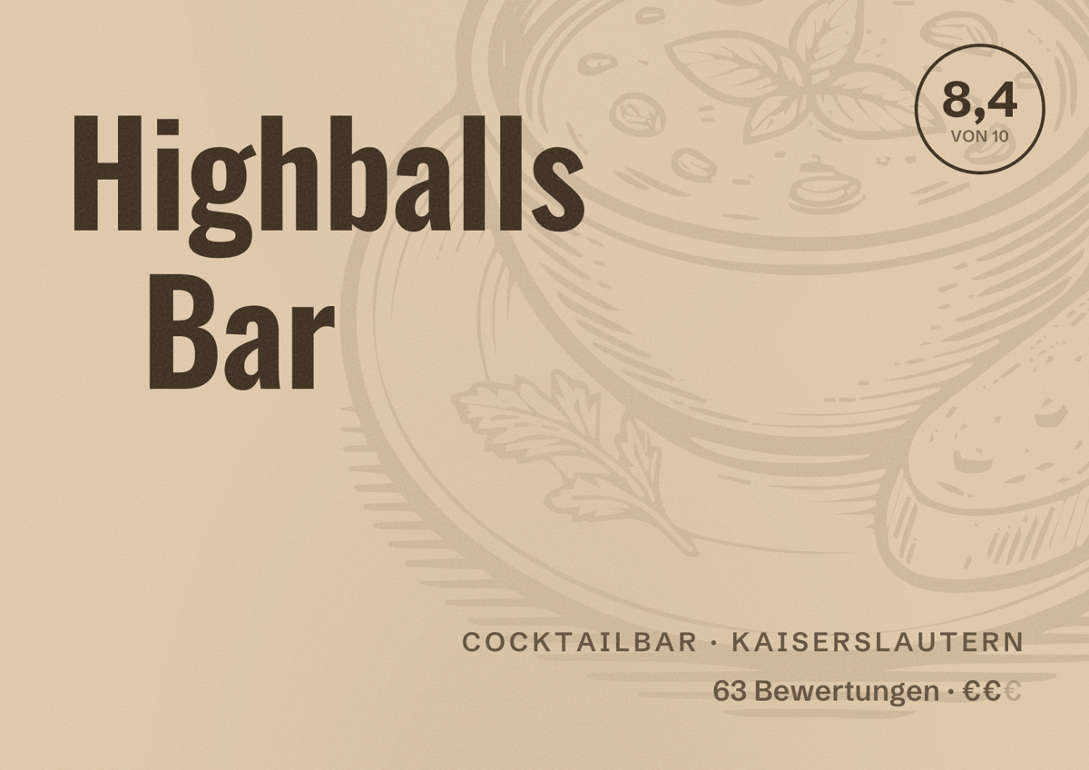 Illustriertes Poster von Highballs Bar, Cocktailbar in Kaiserslautern: Bewertung 8,4 von 10 aus 63 Bewertungen, Preisniveau €€