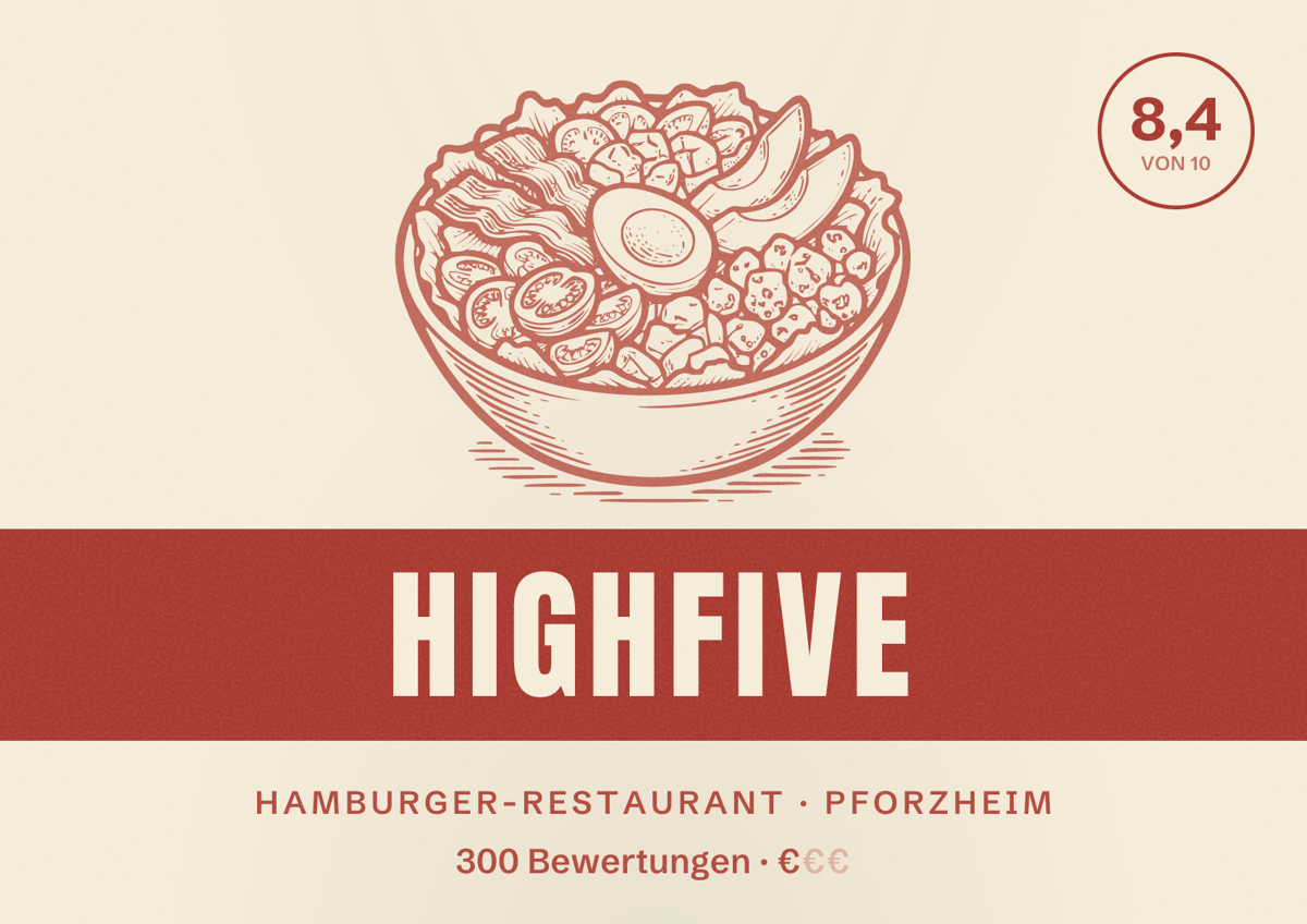 Illustriertes Poster von HIGHFIVE, Hamburger-Restaurant in Pforzheim: Bewertung 8,4 von 10 aus 300 Bewertungen, Preisniveau €