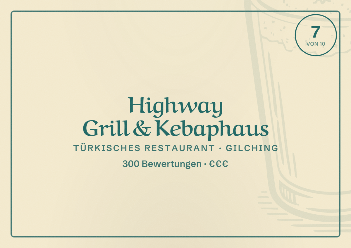 Illustriertes Poster von Highway Grill & Kebaphaus, Türkisches Restaurant in Gilching: Bewertung 7 von 10 aus 300 Bewertungen, Preisniveau €€€