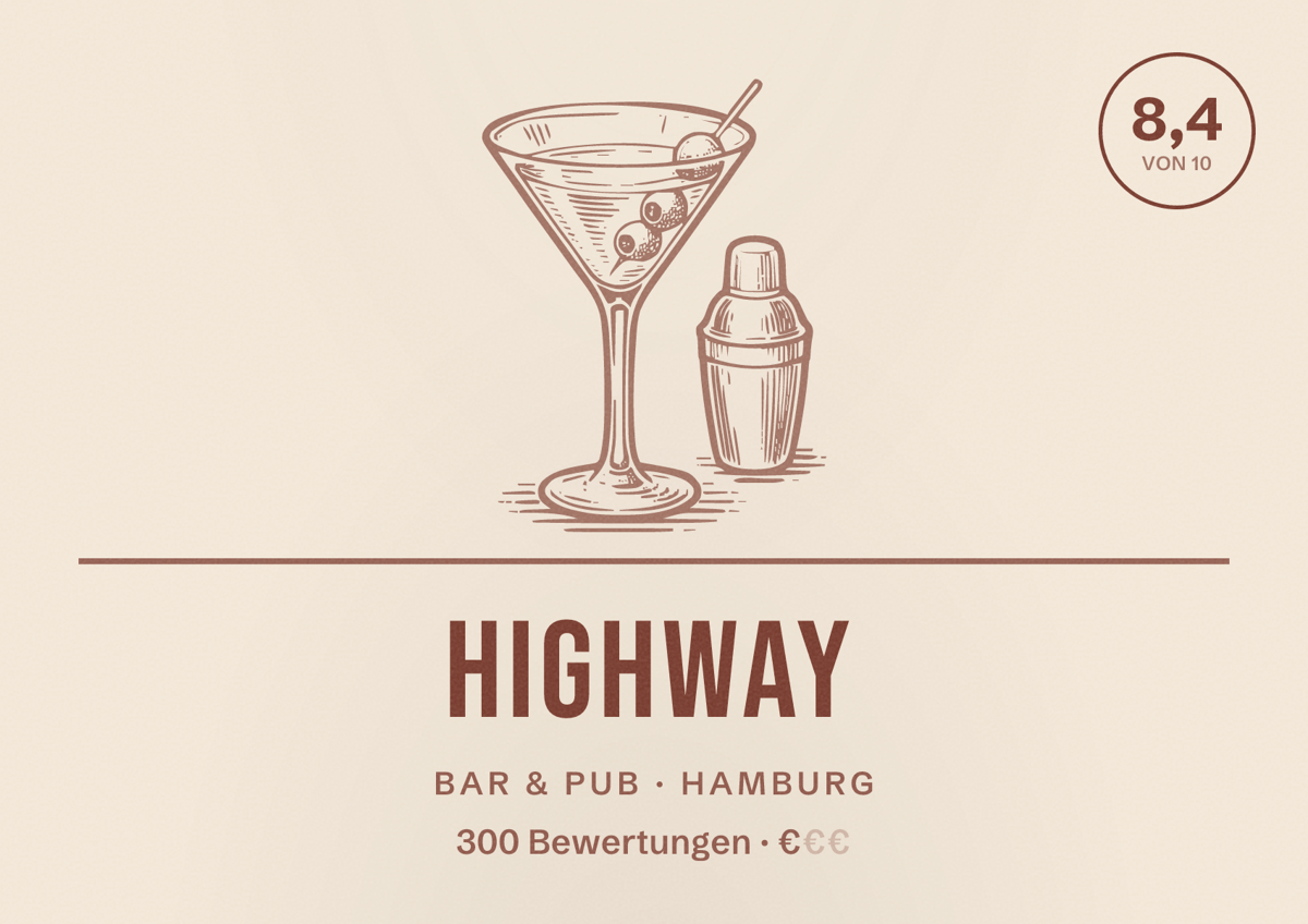 Illustriertes Poster von Highway, Bar & Pub in Hamburg: Bewertung 8,4 von 10 aus 300 Bewertungen, Preisniveau €