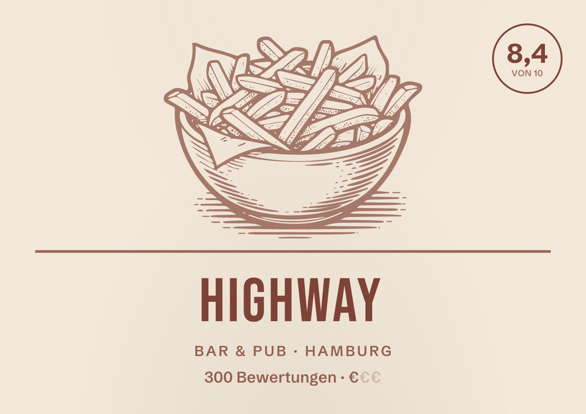 Illustriertes Poster von Highway, Bar & Pub in Hamburg: Bewertung 8,4 von 10 aus 300 Bewertungen, Preisniveau €