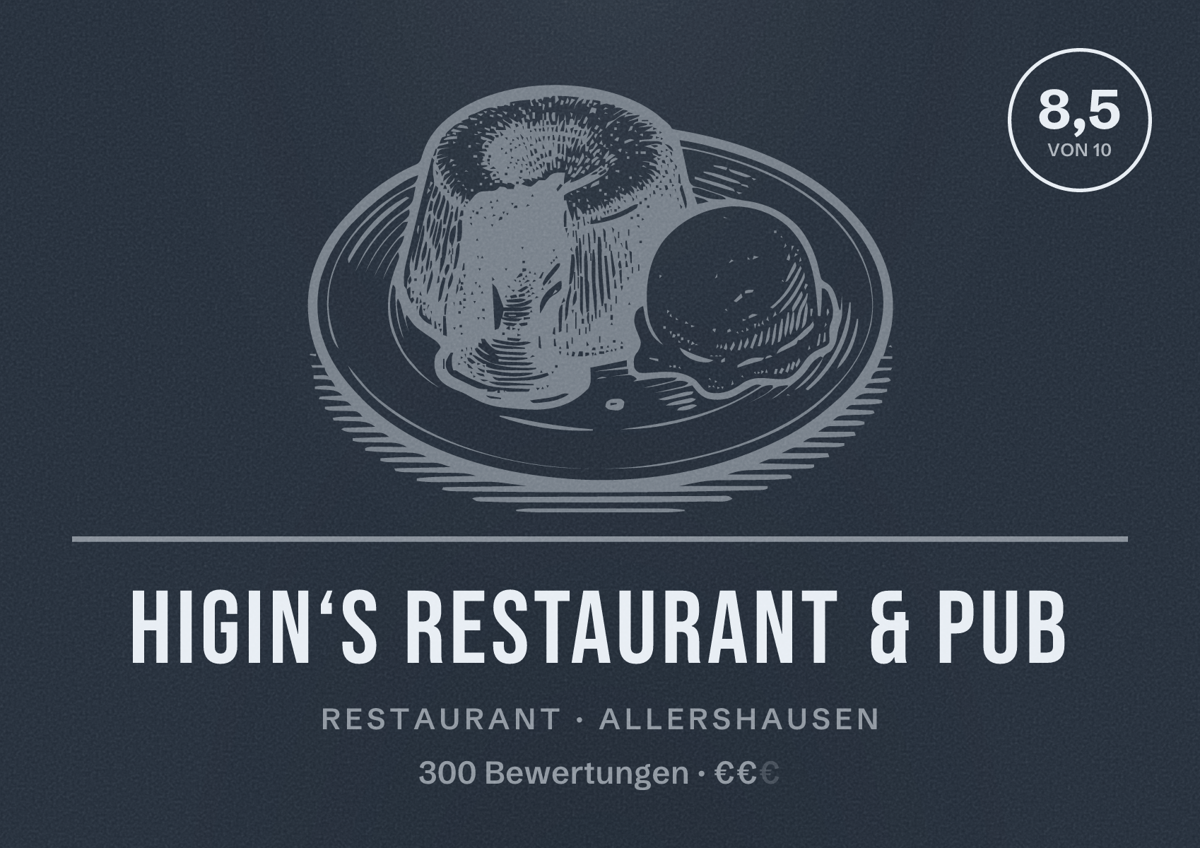 Illustriertes Poster von Higin‘s Restaurant & Pub, Restaurant in Allershausen: Bewertung 8,5 von 10 aus 300 Bewertungen, Preisniveau €€
