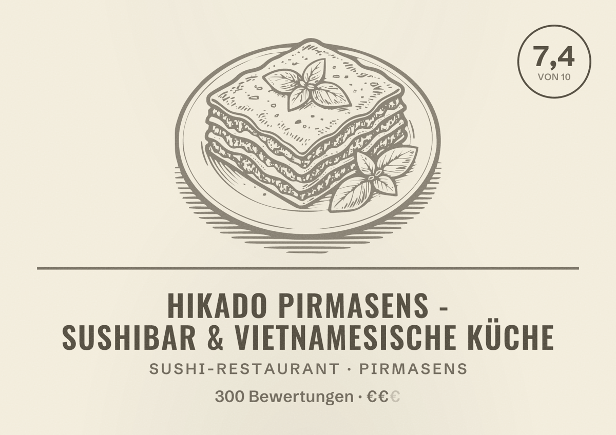 Illustriertes Poster von Hikado Pirmasens - Sushibar & Vietnamesische Küche, Sushi-Restaurant in Pirmasens: Bewertung 7,4 von 10 aus 300 Bewertungen, Preisniveau €€