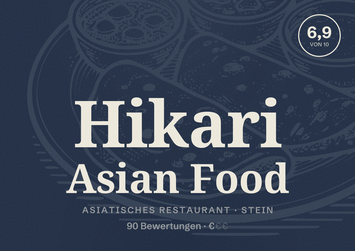 Illustriertes Poster von Hikari Asian Food, Asiatisches Restaurant in Stein: Bewertung 6,9 von 10 aus 90 Bewertungen, Preisniveau €
