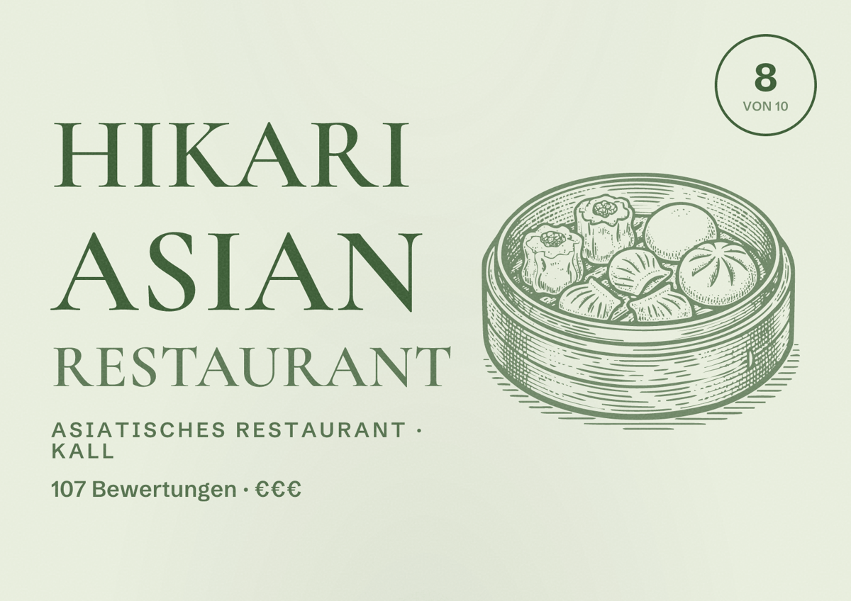 Illustriertes Poster von Hikari Asian Restaurant, Asiatisches Restaurant in Kall: Bewertung 8 von 10 aus 107 Bewertungen, Preisniveau €€€