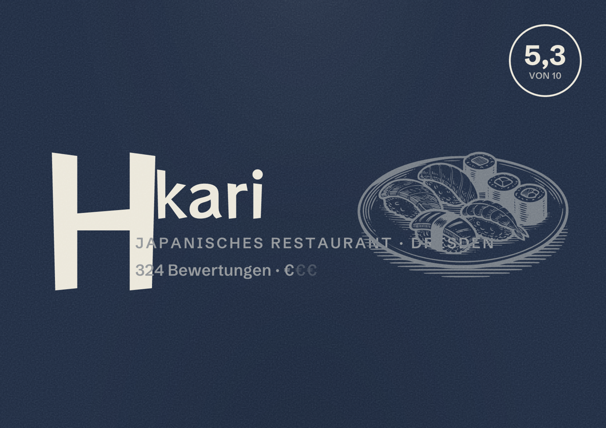 Illustriertes Poster von Hikari, Japanisches Restaurant in Dresden: Bewertung 5,3 von 10 aus 324 Bewertungen, Preisniveau €