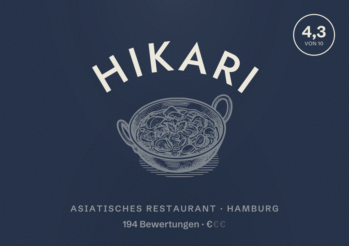 Illustriertes Poster von Hikari, Asiatisches Restaurant in Hamburg: Bewertung 4,3 von 10 aus 194 Bewertungen, Preisniveau €