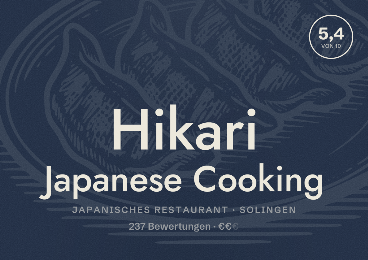 Illustriertes Poster von Hikari Japanese Cooking, Japanisches Restaurant in Solingen: Bewertung 5,4 von 10 aus 237 Bewertungen, Preisniveau €€