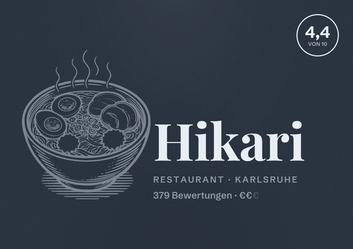 Illustriertes Poster von Hikari, Restaurant in Karlsruhe: Bewertung 4,4 von 10 aus 379 Bewertungen, Preisniveau €€