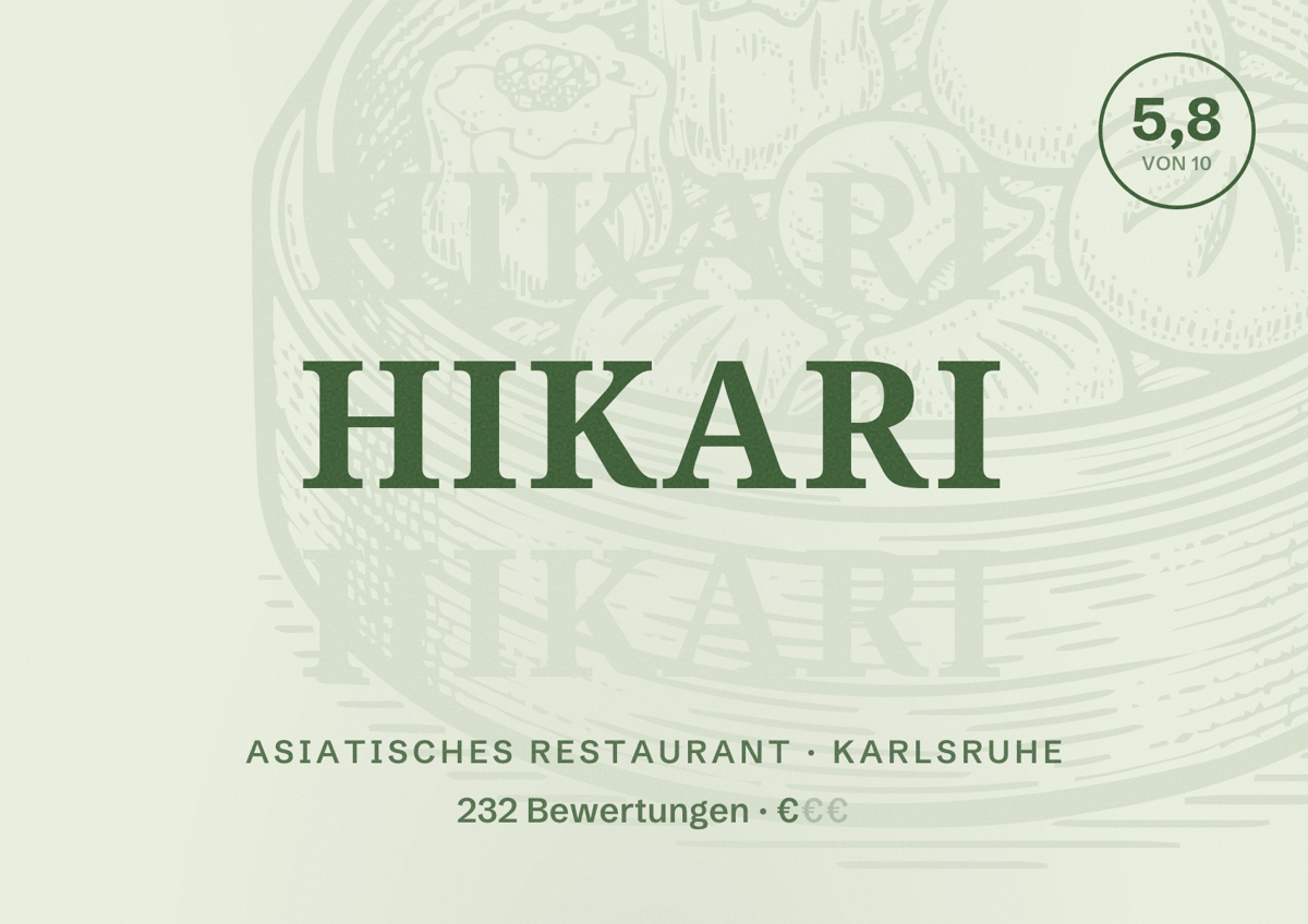 Illustriertes Poster von Hikari, Asiatisches Restaurant in Karlsruhe: Bewertung 5,8 von 10 aus 232 Bewertungen, Preisniveau €