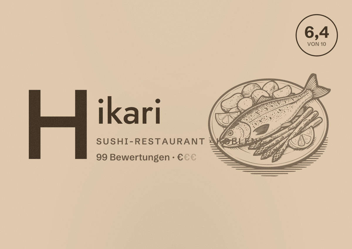 Illustriertes Poster von Hikari, Sushi-Restaurant in Koblenz: Bewertung 6,4 von 10 aus 99 Bewertungen, Preisniveau €