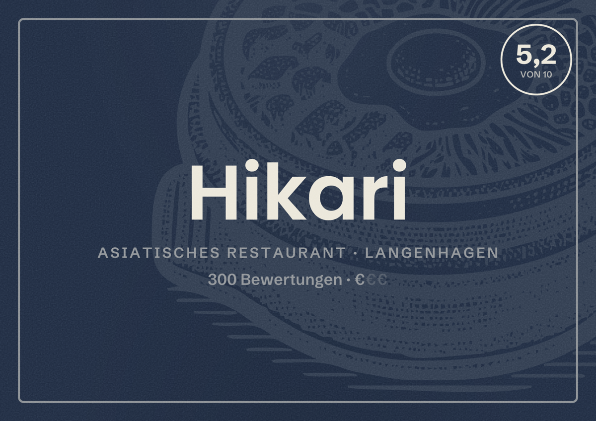 Illustriertes Poster von Hikari, Asiatisches Restaurant in Langenhagen: Bewertung 5,2 von 10 aus 300 Bewertungen, Preisniveau €
