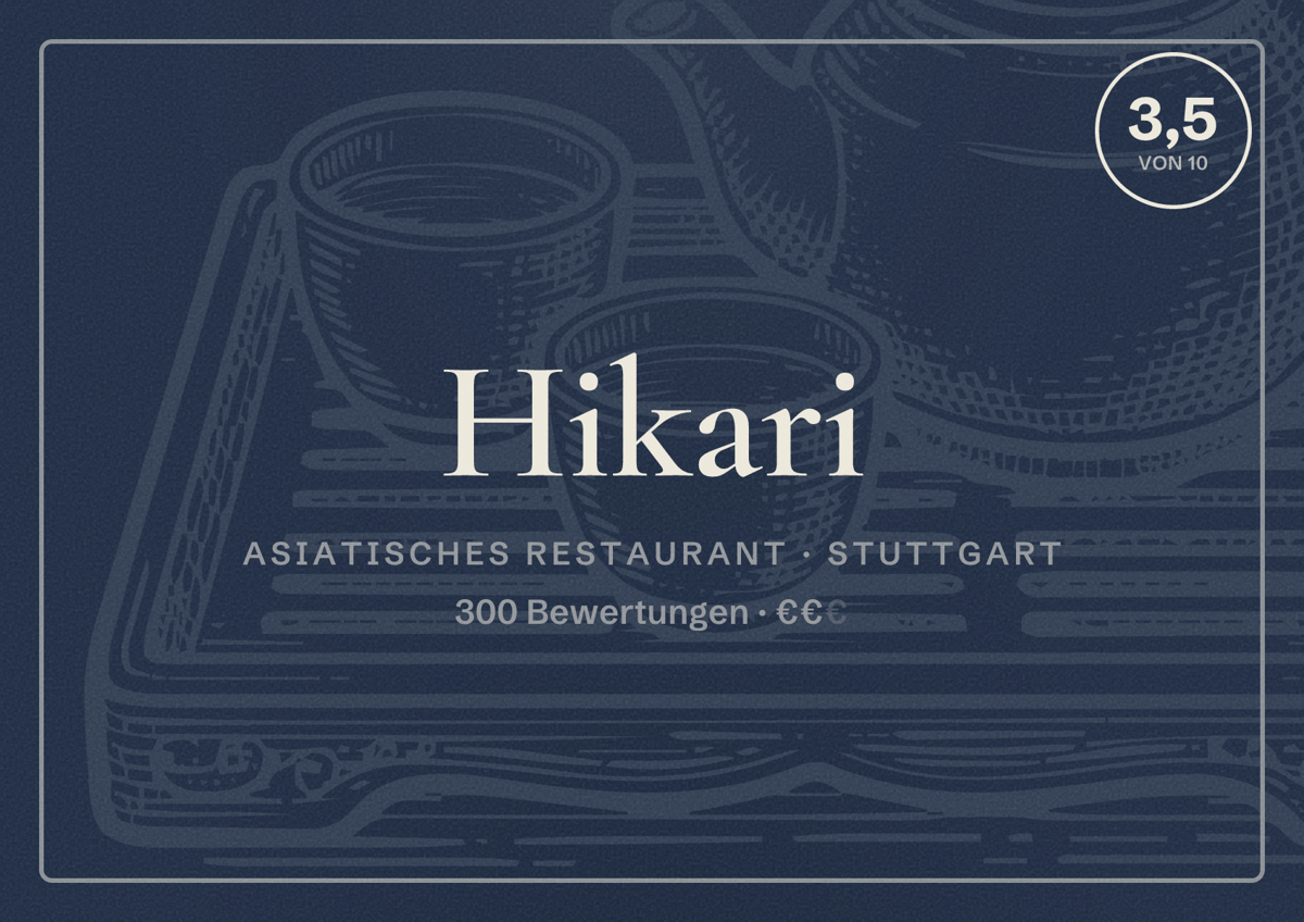 Illustriertes Poster von Hikari, Asiatisches Restaurant in Stuttgart: Bewertung 3,5 von 10 aus 300 Bewertungen, Preisniveau €€
