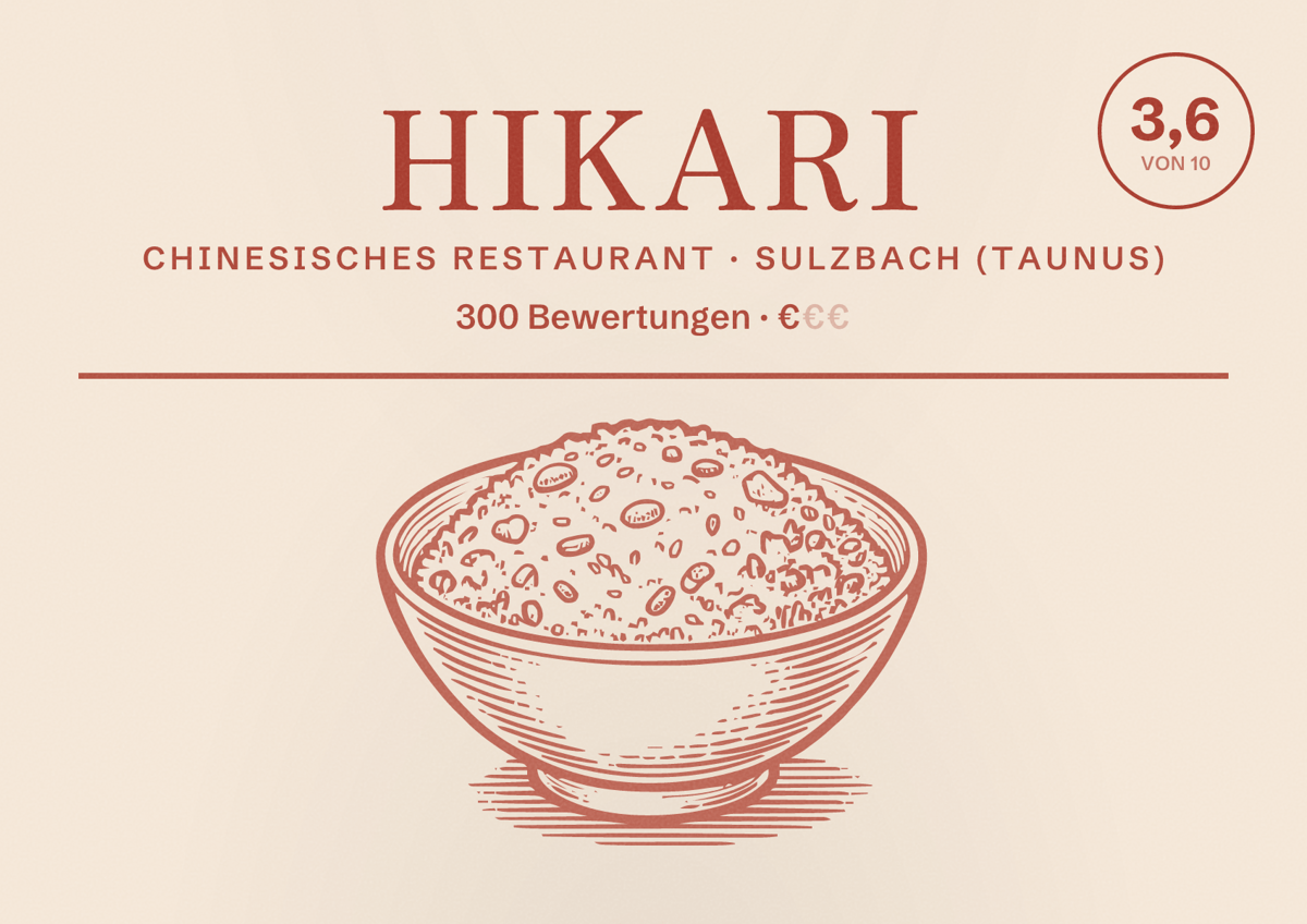 Illustriertes Poster von Hikari, Chinesisches Restaurant in Sulzbach (Taunus): Bewertung 3,6 von 10 aus 300 Bewertungen, Preisniveau €