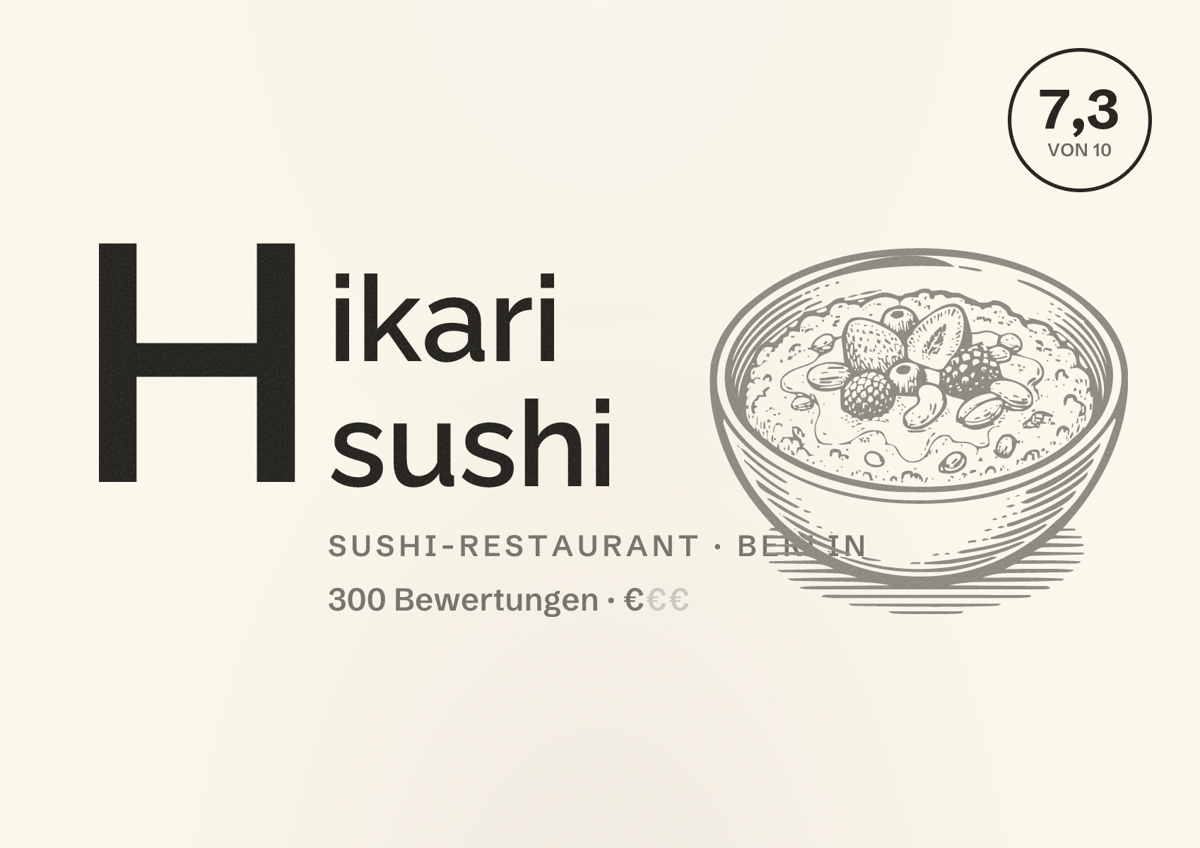 Illustriertes Poster von Hikari sushi, Sushi-Restaurant in Berlin: Bewertung 7,3 von 10 aus 300 Bewertungen, Preisniveau €