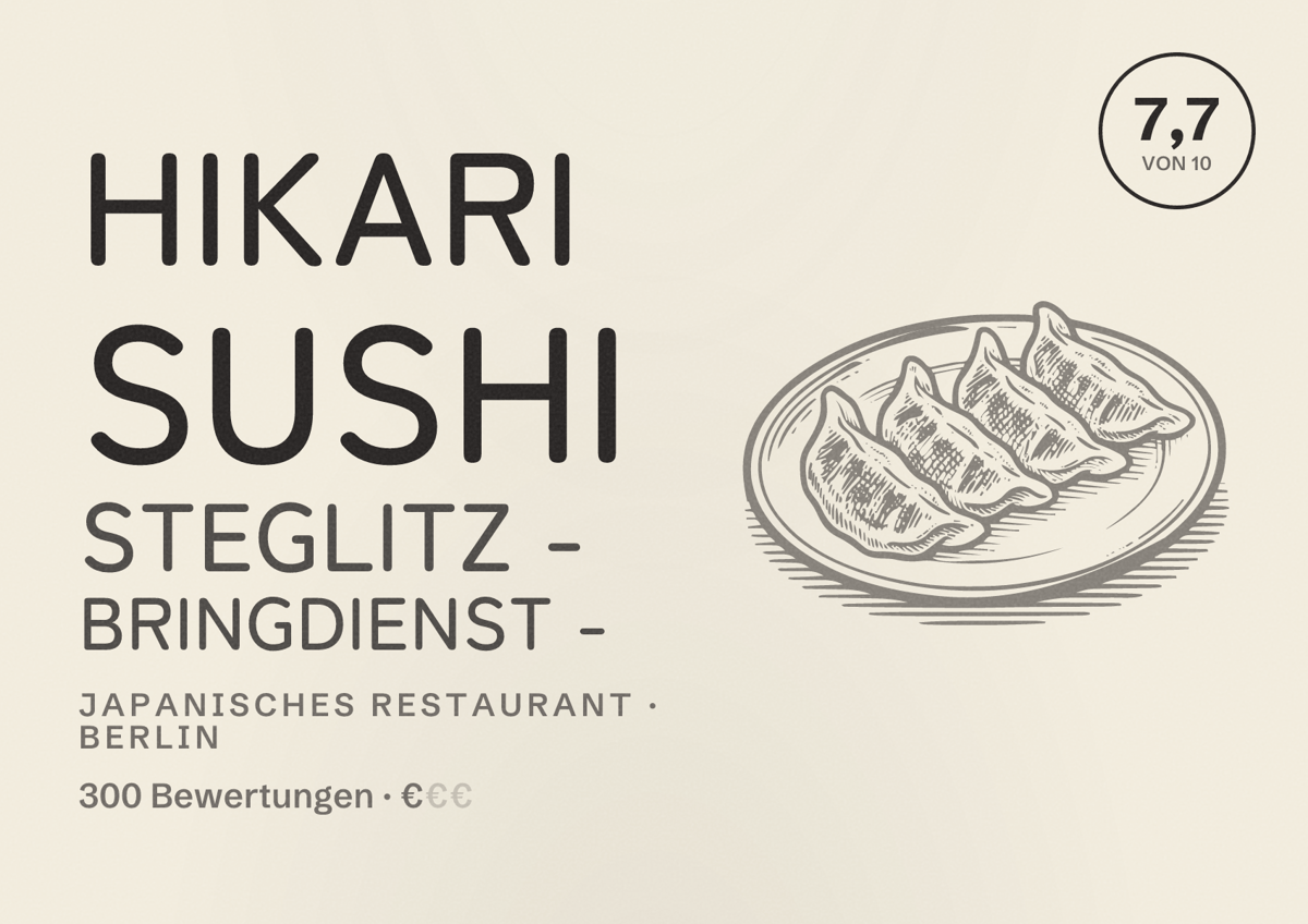 Illustriertes Poster von Hikari Sushi Steglitz - Bringdienst -, Japanisches Restaurant in Berlin: Bewertung 7,7 von 10 aus 300 Bewertungen, Preisniveau €