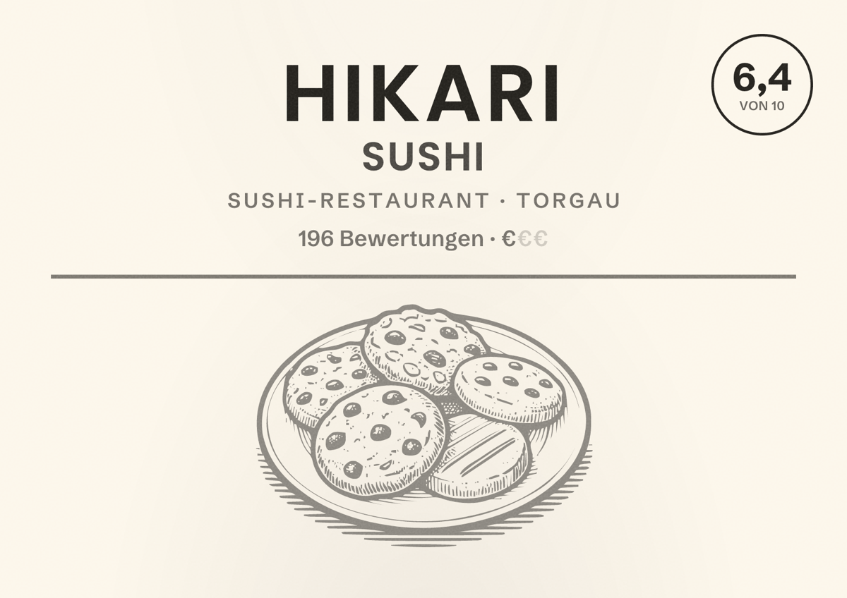 Illustriertes Poster von Hikari Sushi, Sushi-Restaurant in Torgau: Bewertung 6,4 von 10 aus 196 Bewertungen, Preisniveau €