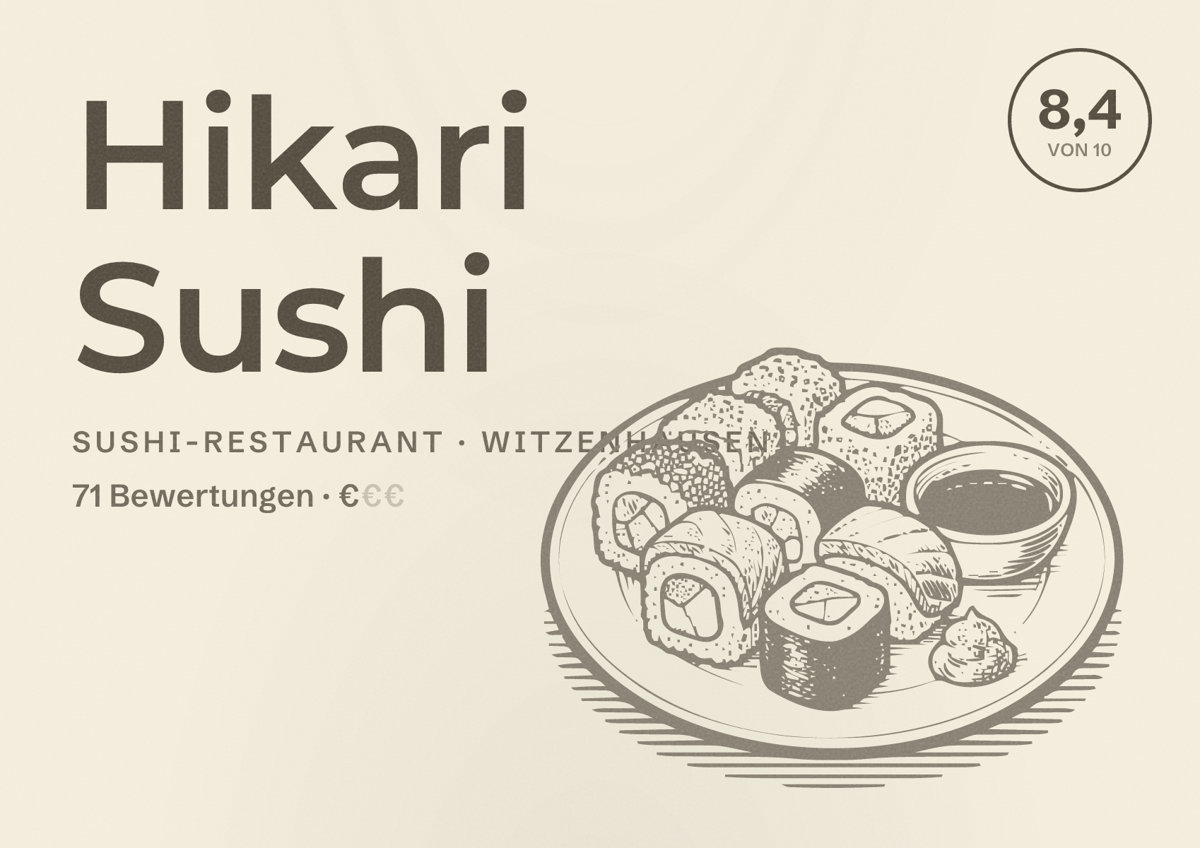 Illustriertes Poster von Hikari Sushi, Sushi-Restaurant in Witzenhausen: Bewertung 8,4 von 10 aus 71 Bewertungen, Preisniveau €