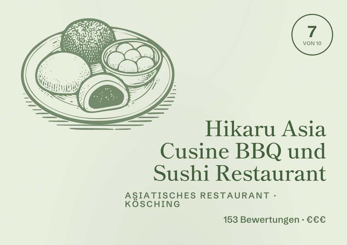 Illustriertes Poster von Hikaru Asia Cusine BBQ und Sushi Restaurant, Asiatisches Restaurant in Kösching: Bewertung 7 von 10 aus 153 Bewertungen, Preisniveau €€€