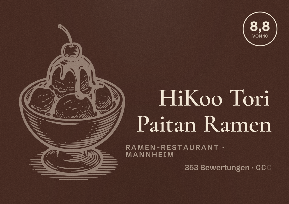 Illustriertes Poster von HiKoo Tori Paitan Ramen, Ramen-Restaurant in Mannheim: Bewertung 8,8 von 10 aus 353 Bewertungen, Preisniveau €€