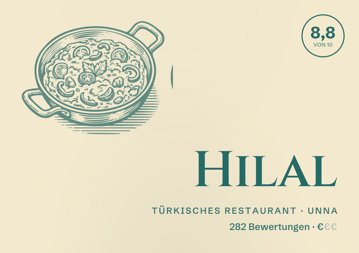 Illustriertes Poster von Hilal, Türkisches Restaurant in Unna: Bewertung 8,8 von 10 aus 282 Bewertungen, Preisniveau €