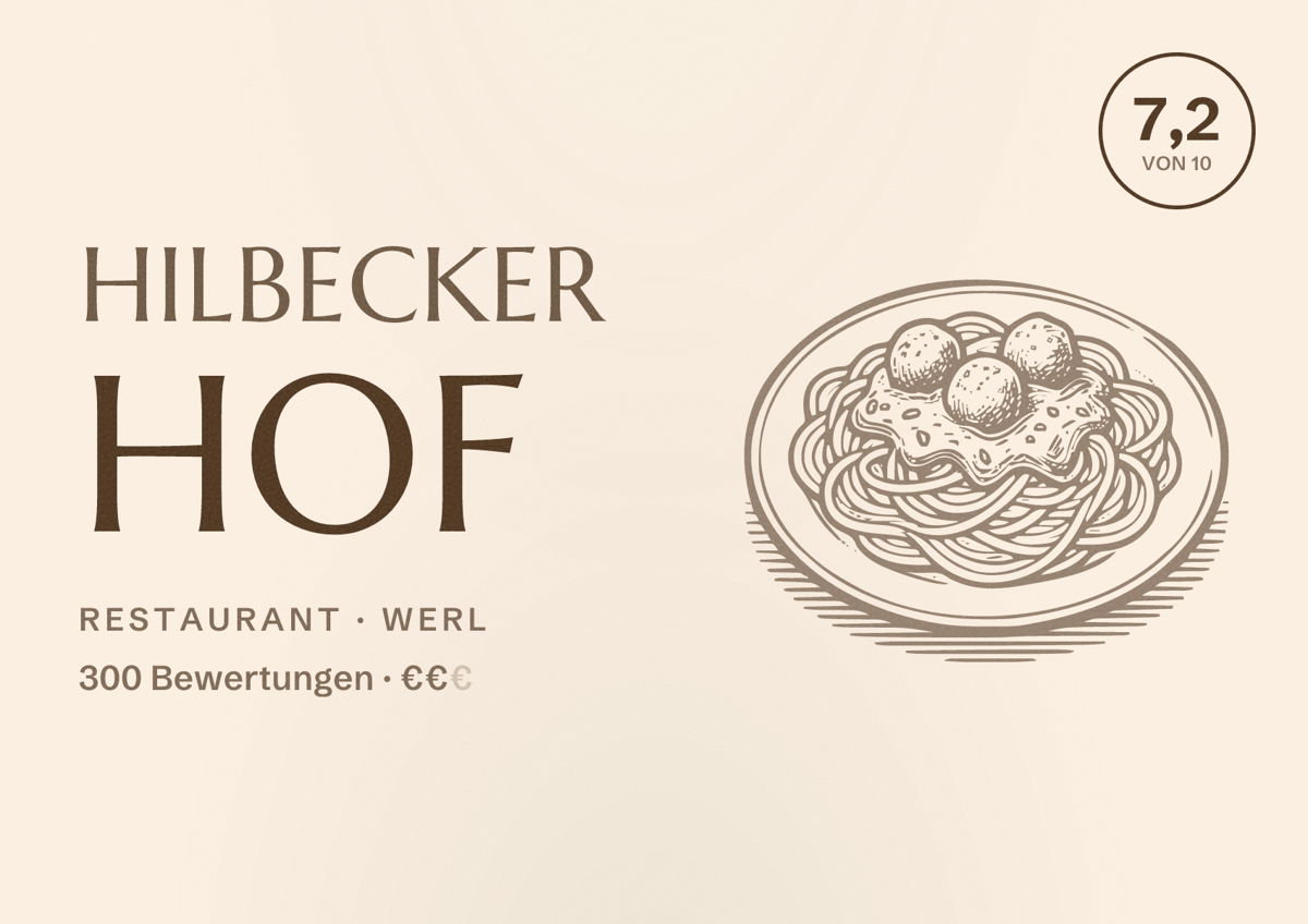 Illustriertes Poster von Hilbecker Hof, Restaurant in Werl: Bewertung 7,2 von 10 aus 300 Bewertungen, Preisniveau €€