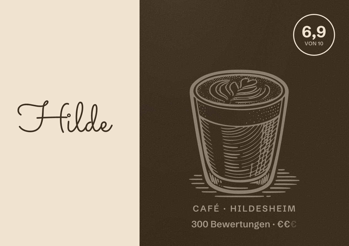 Illustriertes Poster von Hilde, Café in Hildesheim: Bewertung 6,9 von 10 aus 300 Bewertungen, Preisniveau €€