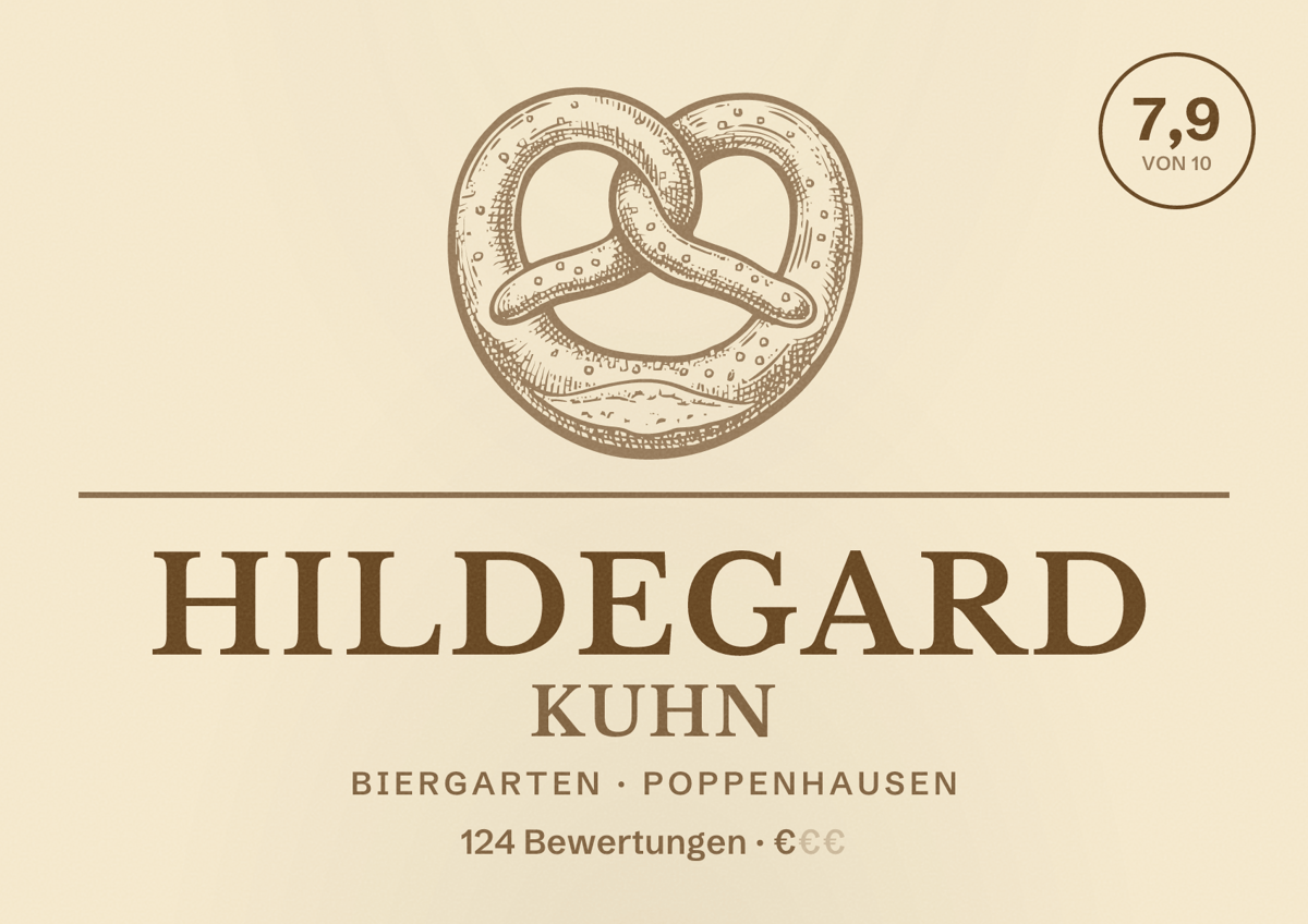 Illustriertes Poster von Hildegard Kuhn, Biergarten in Poppenhausen: Bewertung 7,9 von 10 aus 124 Bewertungen, Preisniveau €