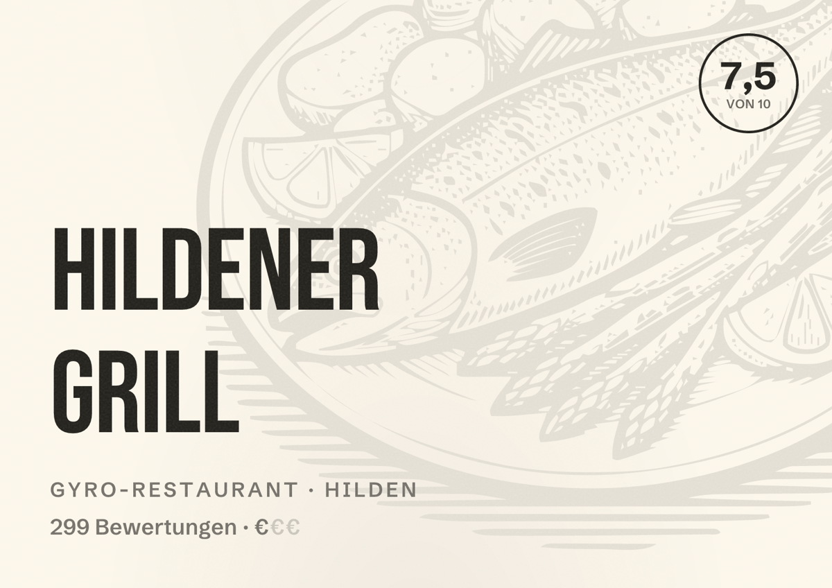 Illustriertes Poster von Hildener Grill, Gyro-Restaurant in Hilden: Bewertung 7,5 von 10 aus 299 Bewertungen, Preisniveau €
