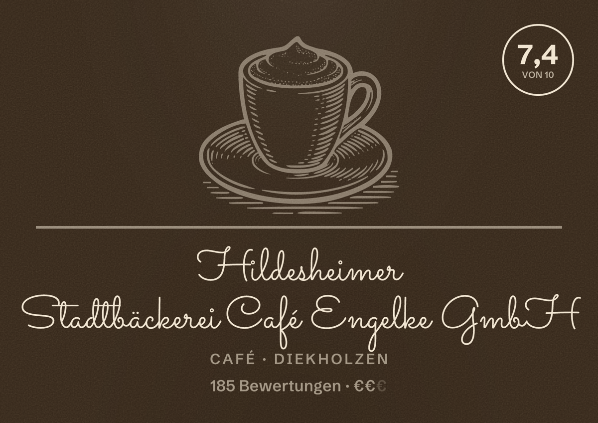 Illustriertes Poster von Hildesheimer Stadtbäckerei Café Engelke GmbH, Café in Diekholzen: Bewertung 7,4 von 10 aus 185 Bewertungen, Preisniveau €€