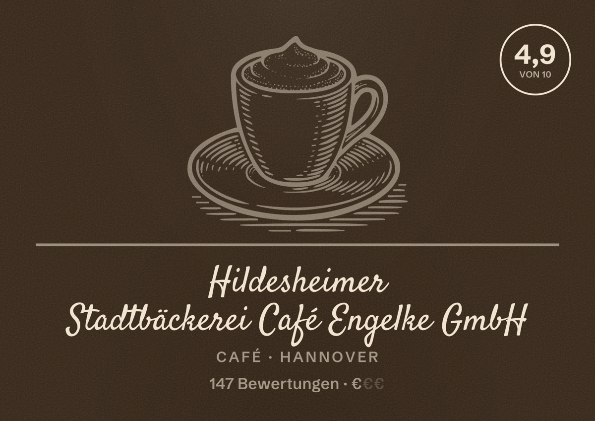 Illustriertes Poster von Hildesheimer Stadtbäckerei Café Engelke GmbH, Café in Hannover: Bewertung 4,9 von 10 aus 147 Bewertungen, Preisniveau €