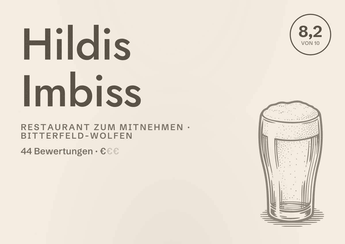 Illustriertes Poster von Hildis Imbiss, Restaurant zum Mitnehmen in Bitterfeld-Wolfen: Bewertung 8,2 von 10 aus 44 Bewertungen, Preisniveau €