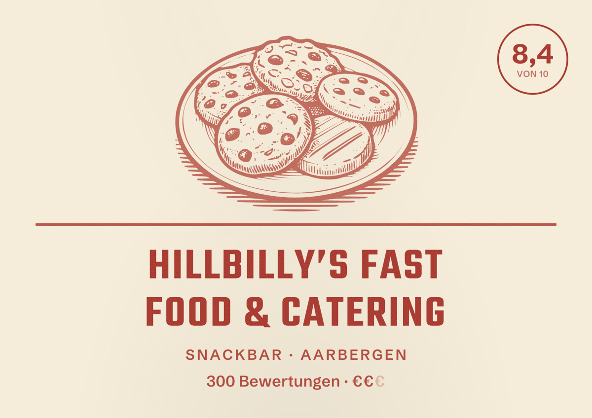 Illustriertes Poster von Hillbilly’s Fast Food & Catering, Snackbar in Aarbergen: Bewertung 8,4 von 10 aus 300 Bewertungen, Preisniveau €€