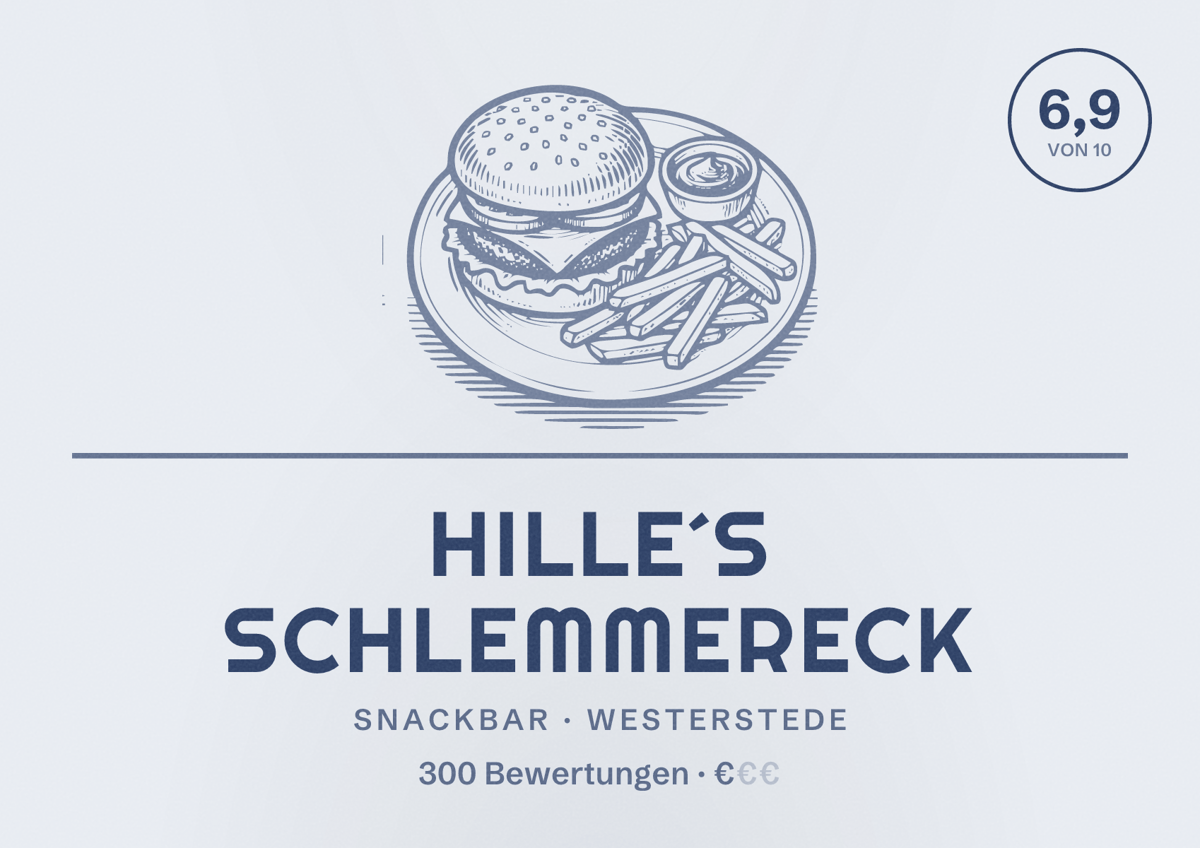 Illustriertes Poster von Hille´s Schlemmereck, Snackbar in Westerstede: Bewertung 6,9 von 10 aus 300 Bewertungen, Preisniveau €